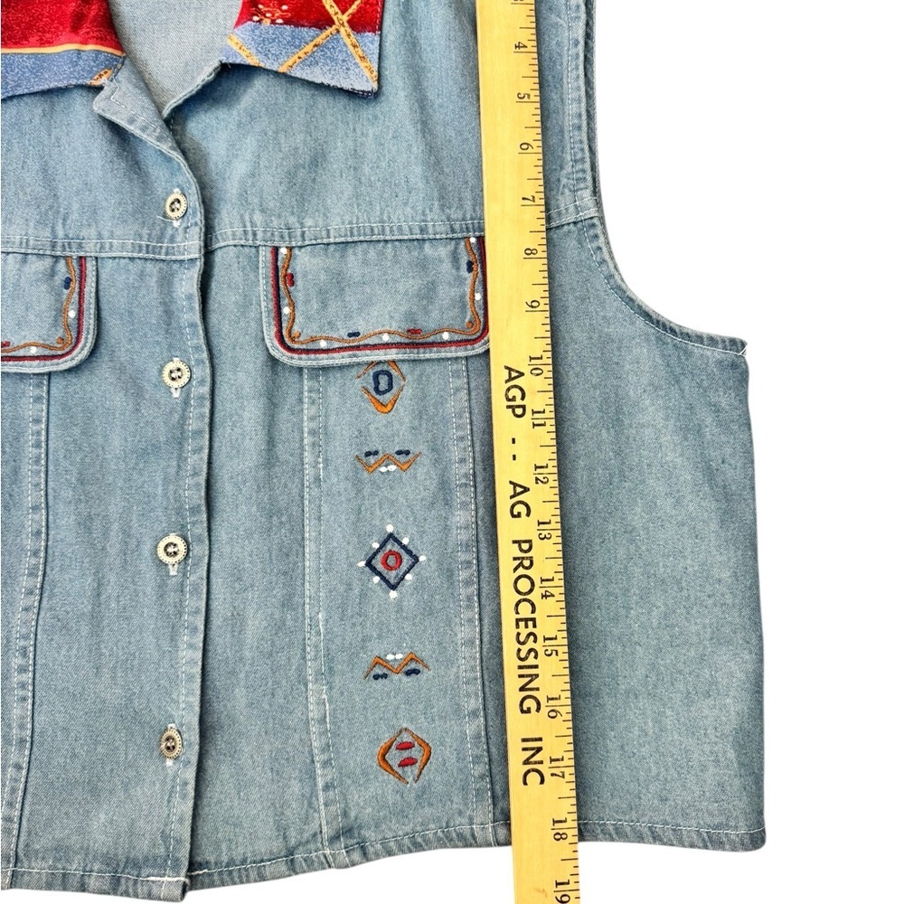 Vintage 90s Southwestern Denim Vest Boho Festival Western Embroidered Crop Med - Picture 6 of 7